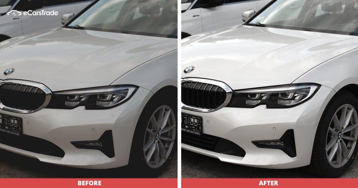eCarsTrade graphic showing the before and after of an edited photo of a car